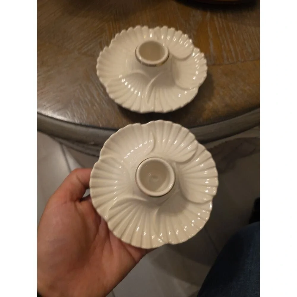Lenox Shell Candlestick Candle Holders Set of 2 Ivory Gold Trim EUC Elegant‎
